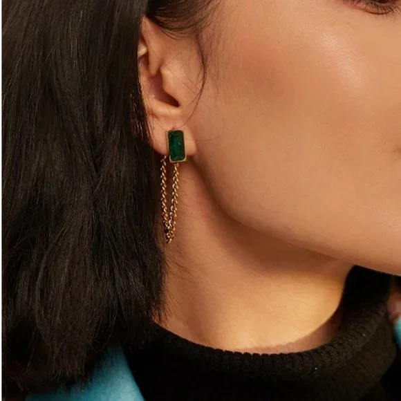 New 18K Gold Plated Green Crystal Chain Earrings - Picture 6 of 6